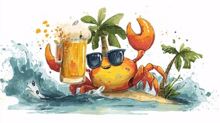 螃蟹沙滩畅饮啤酒乐悠悠