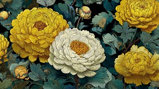 黄白牡丹绽放绿意间