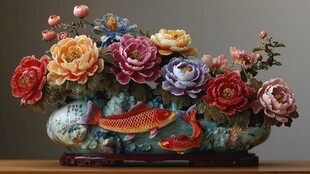 牡丹锦鲤瓷瓶花卉摆件