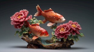 锦鲤牡丹摆件 精致祥瑞