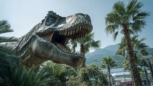 逼真恐龙模型置身热带景观