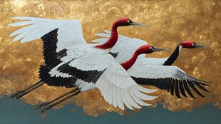 三只丹顶鹤翱翔金色背景