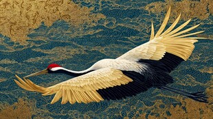 丹顶鹤展翅翱翔于古韵背景