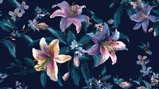 深蓝色底梦幻百合花图案