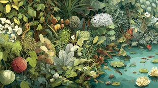 繁茂植物环绕的静谧池塘