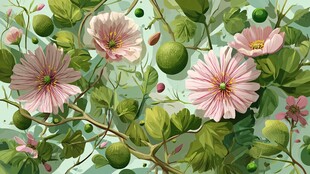 粉色花卉与青果的清新画面