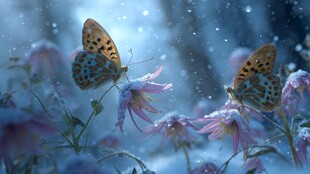 雪覆花丛中双蝶飞舞