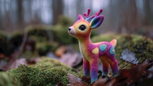 彩色小鹿玩偶置身森林间