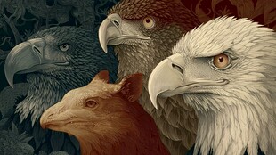 四只猛禽的独特面部特写