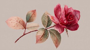 水彩绘带露娇艳红玫瑰