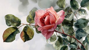 水彩绘粉色玫瑰与绿叶