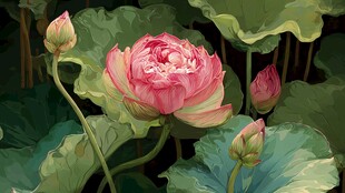 盛开的粉色荷花与荷叶