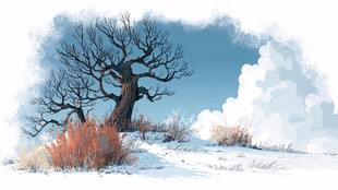 冬日旷野枯树雪景图