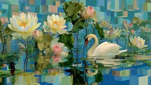 天鹅悠游于梦幻荷花池