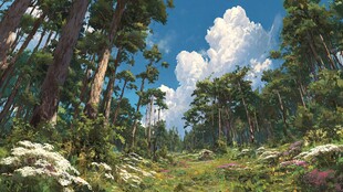 梦幻森林中的蓝天白云美景