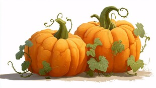 两个带藤蔓的橙色南瓜