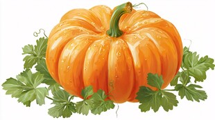 橙色南瓜配翠绿叶片