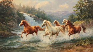 群马奔腾于山水间