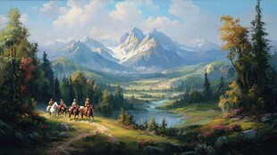 山间骑马队的美丽风景