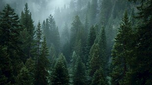 雾霭中的静谧松树林