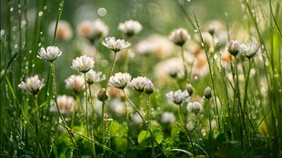 晨露中的清新雏菊花草景