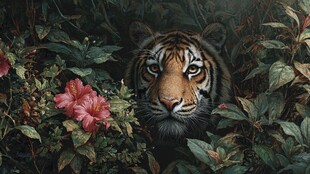 丛林中的老虎与艳丽花朵