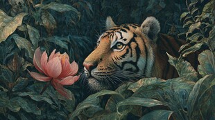 猛虎嗅莲于繁茂丛林间