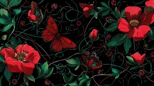 红花朵间蝶舞的梦幻图案