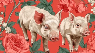 双猪漫步花丛间