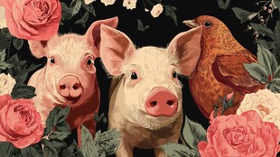 猪与鸟在花丛中的温馨画面