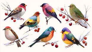 多彩鸟儿栖于覆雪枝上