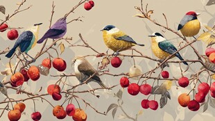 枝头群鸟与红果的和谐图景