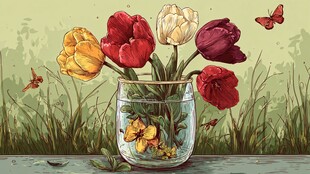 花瓶中的多彩郁金香与蝶影
