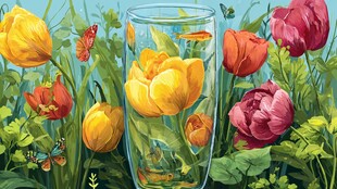 玻璃杯中绽放的多彩郁金香