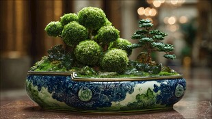 精致盆景摆于古典瓷盆中