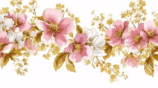 粉色花卉金色枝叶装饰图案