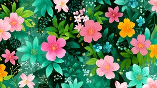 缤纷花卉绿叶插画背景图