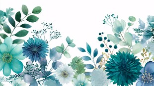 清新蓝绿色系花卉水彩画