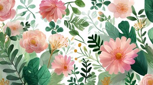 粉色花卉绿叶清新插画