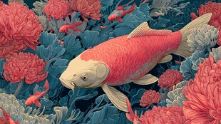 锦鲤游弋于繁花绿植间