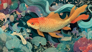 水中金鱼畅游于多彩植物间