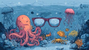 戴眼镜的章鱼的海底世界