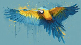 蓝黄鹦鹉展翅水彩画