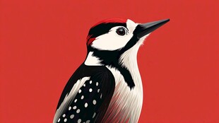 红色背景下的啄木鸟特写