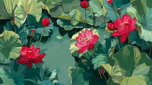 夏日荷塘荷花绿意盎然