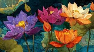 多彩莲花绽放的梦幻景致