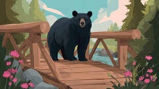 黑熊立于桥 林间添野趣