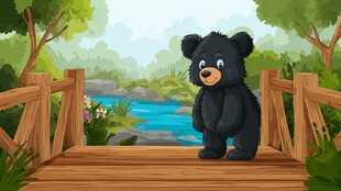 小熊立于木桥的森林图景