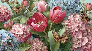 缤纷花卉与灵动蝴蝶图景