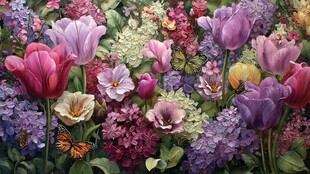 多彩花卉与蝴蝶的梦幻场景